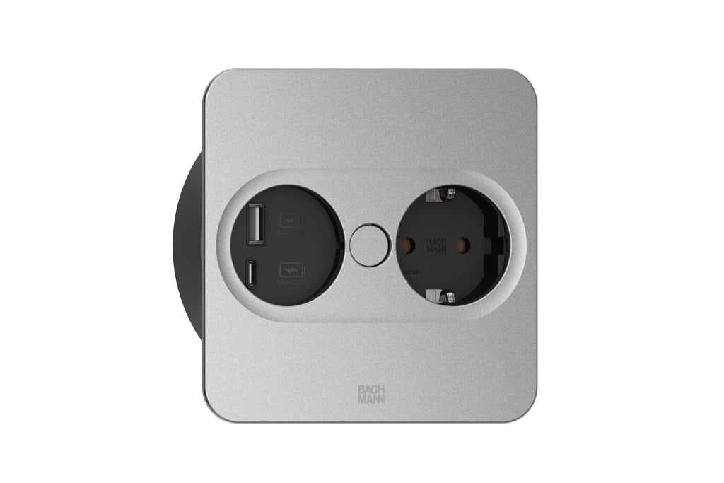 Bachmann TWIST 2 Steckdoseneinheit 1x Strom 1x USB-Doppelcharger A/C eckig silber 946.013